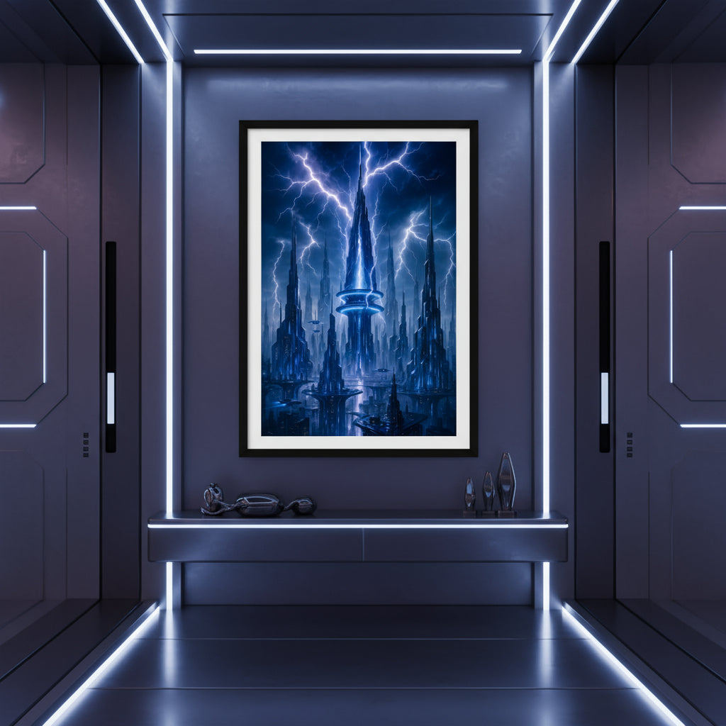 Futuristic cityscape with tall buildings and lightning effects on a white background. Futuristic Sci-Fi Cityscapes.