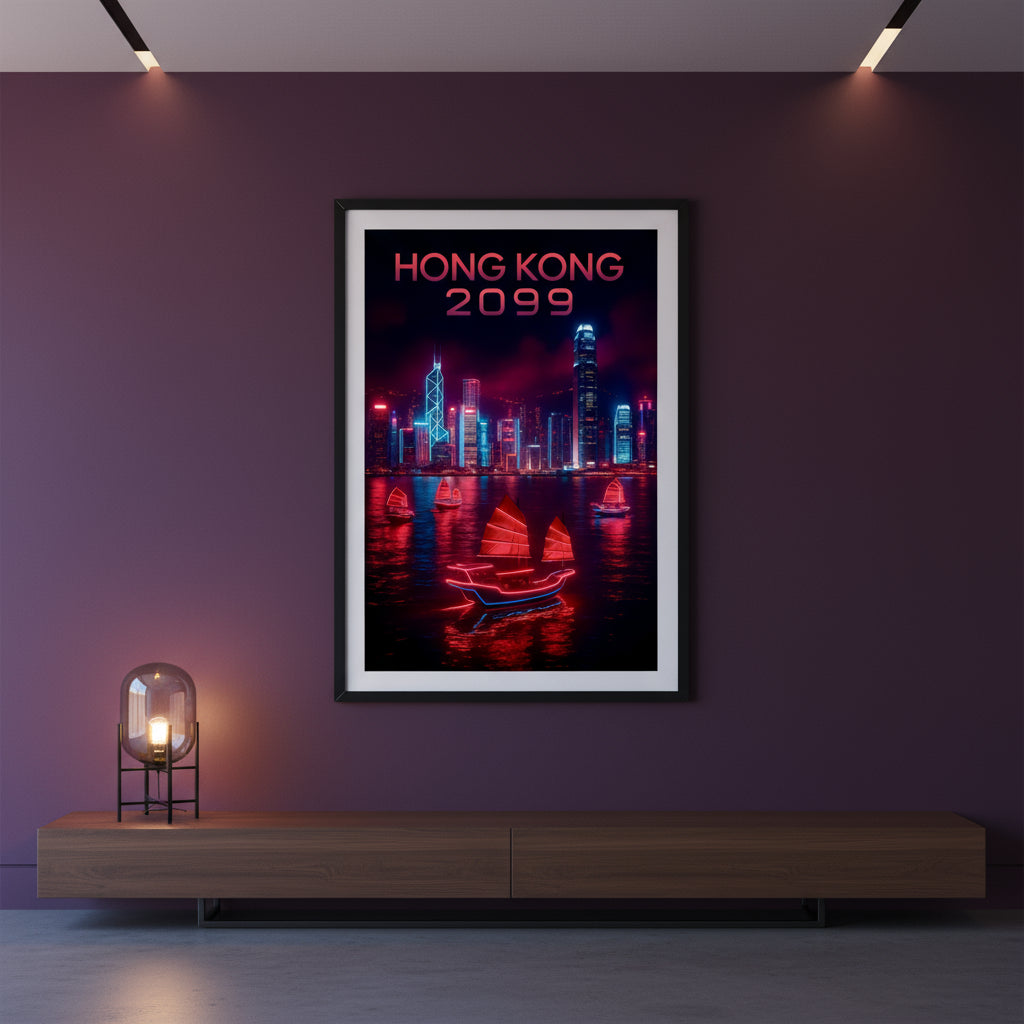 Futuristic cityscape with neon lights and boats in Hong Kong 2099 on a dark background