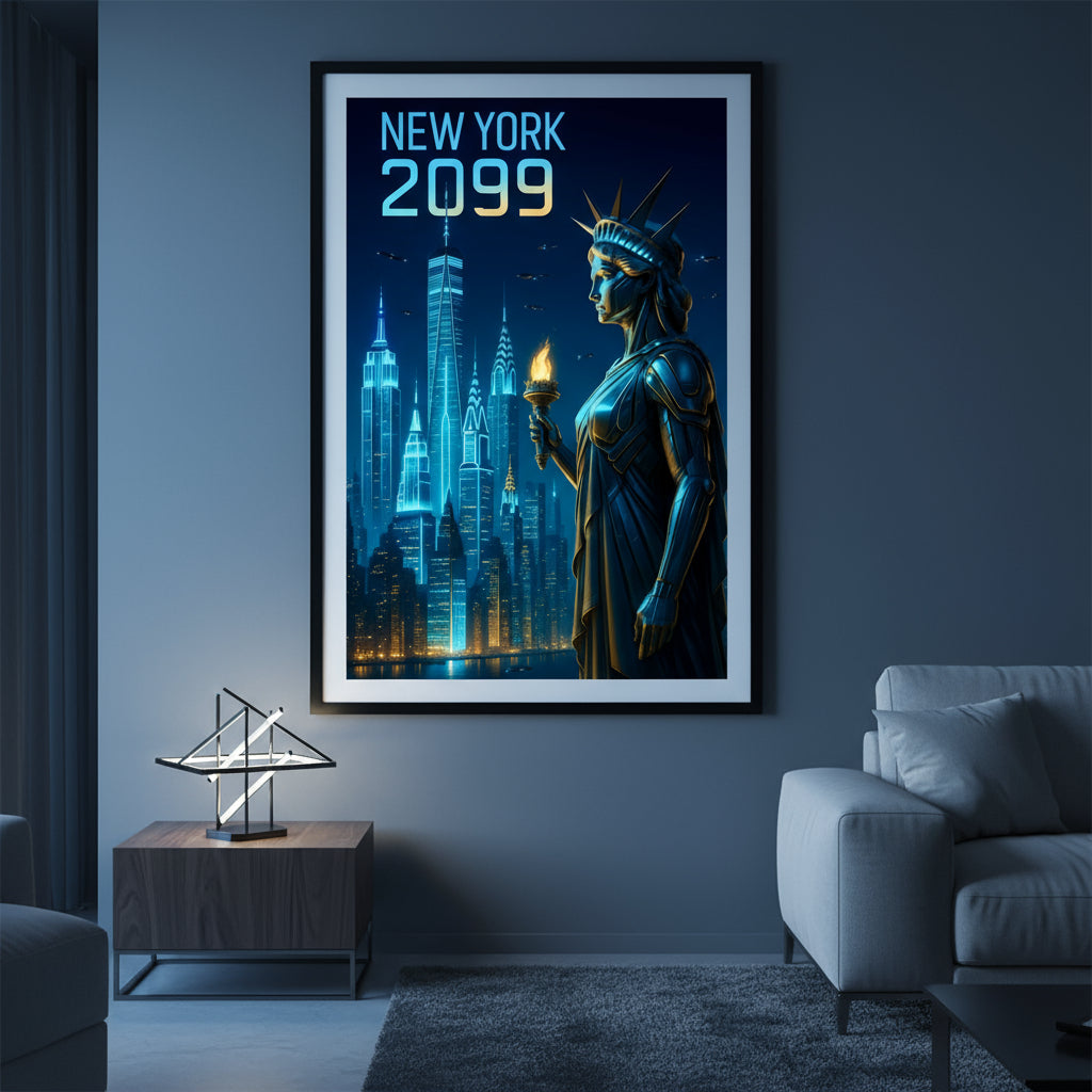 Futuristic Statue of Liberty with skyline and 'New York 2099' text on a dark blue background. New york poster.