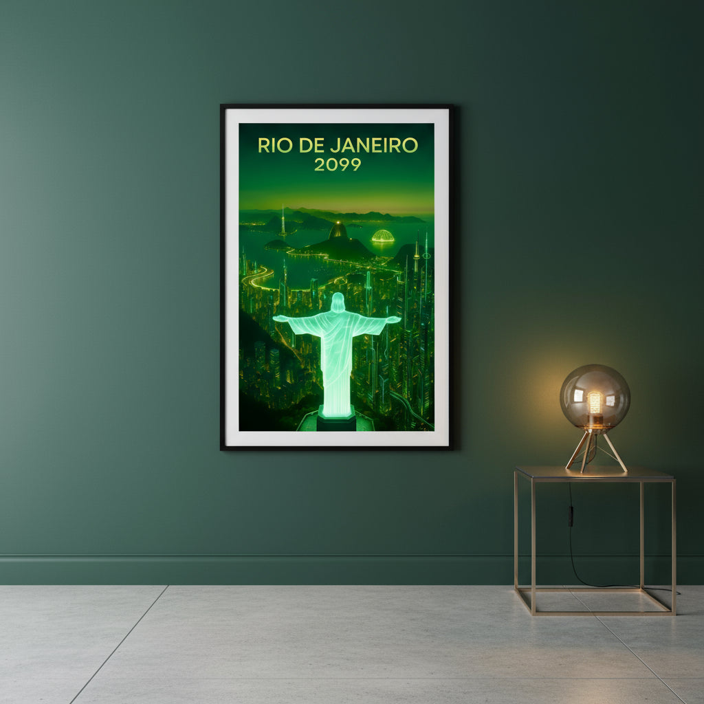Poster of Rio de Janeiro with Christ the Redeemer statue and cityscape at night, labeled 'Rio de Janeiro 2099'.