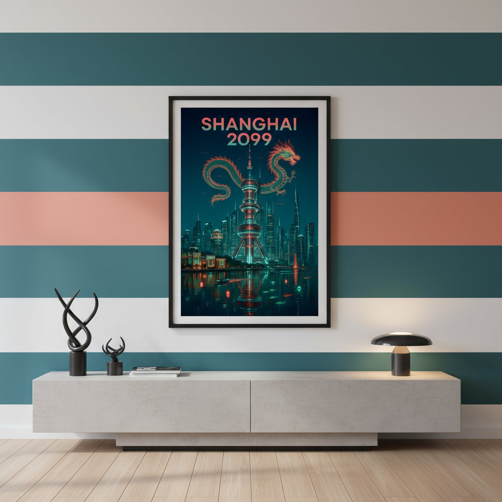 Futuristic cityscape of Shanghai with a dragon design and 'Shanghai 2099' text on a dark blue background.