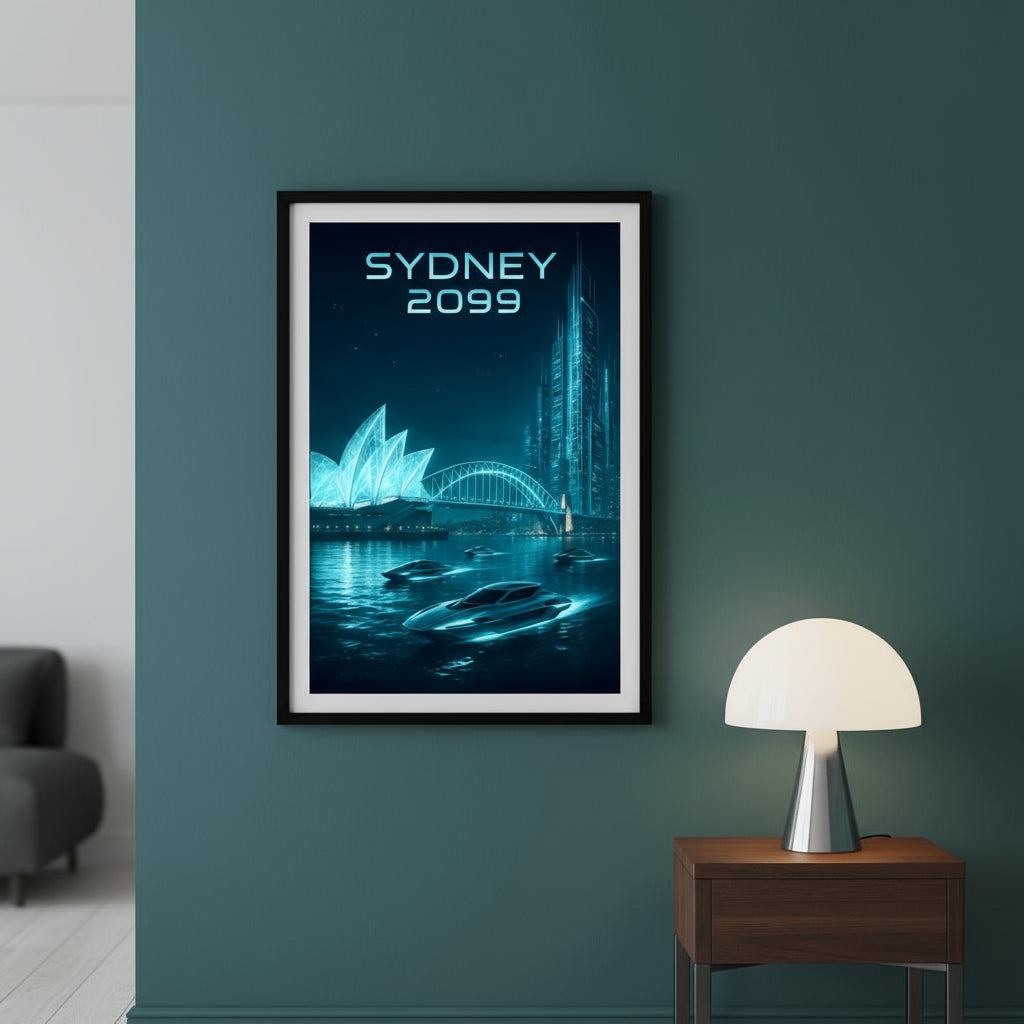 Futuristic cityscape with Sydney Opera House and bridge in 2099, text 'SYDNEY 2099' on a dark blue background.
