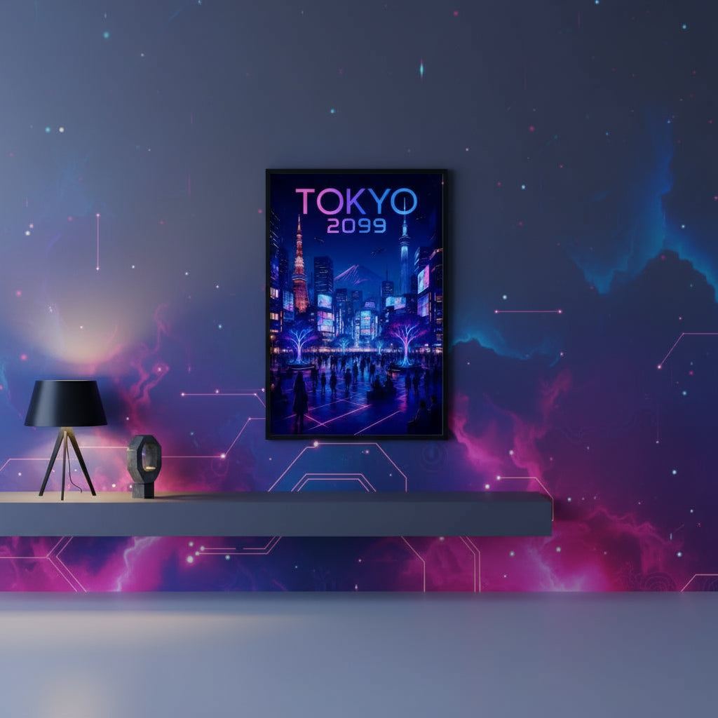 Futuristic cityscape with 'TOKYO 2099' text on a dark blue background