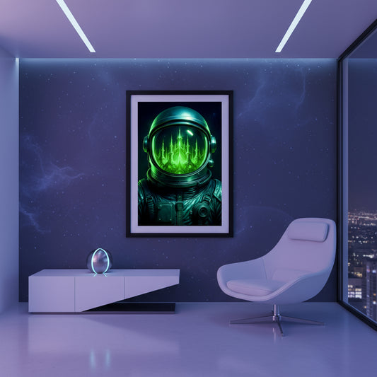 Astronaut helmet with glowing green interior on a white background. Abstract space landscape poster.