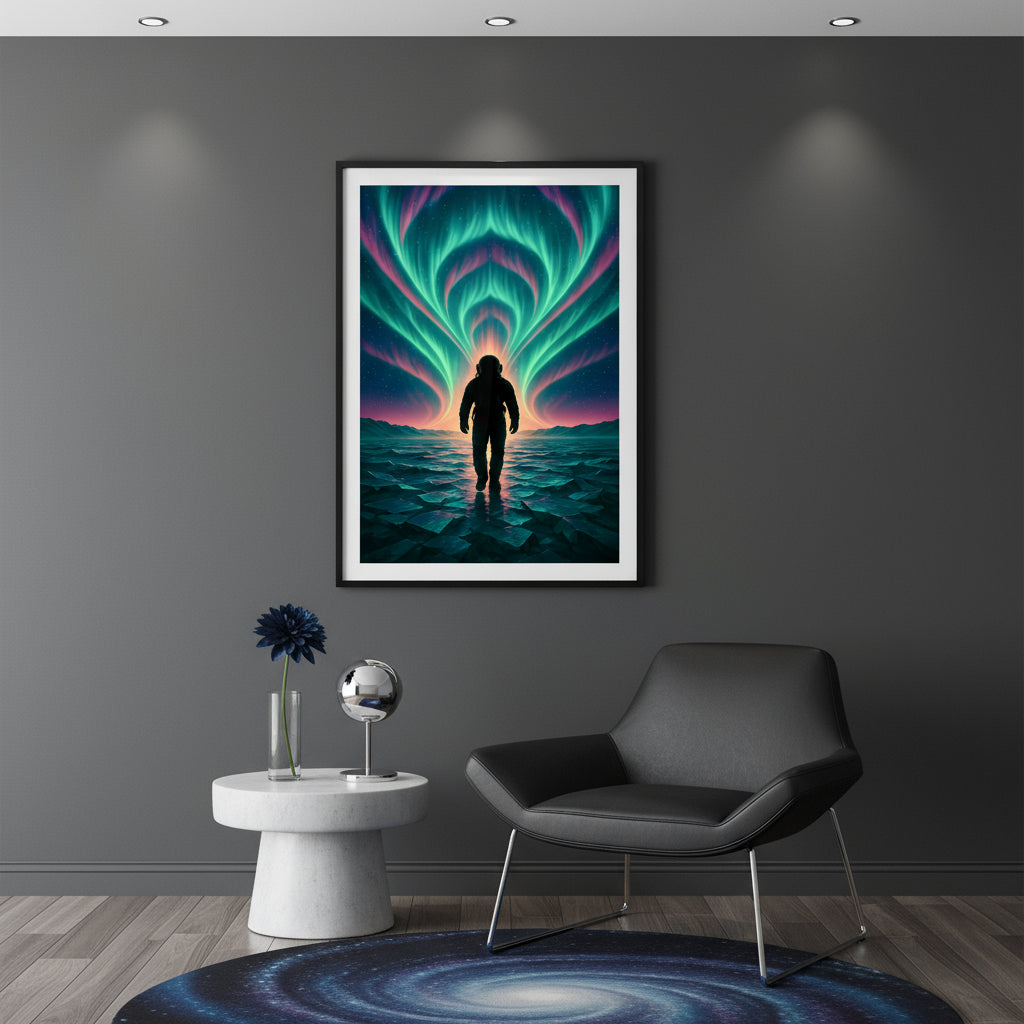 Silhouette of an astronaut standing on water with a vibrant Northern Lights arch in the background. Abstract space landscape poster.