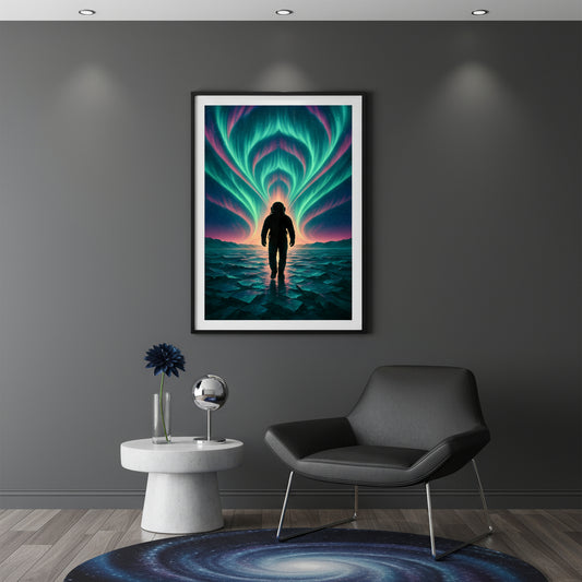 Silhouette of an astronaut standing on water with a vibrant Northern Lights arch in the background. Abstract space landscape poster.