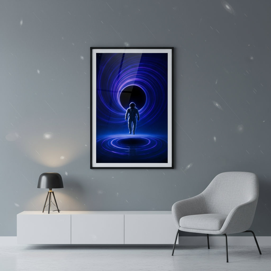 Futuristic poster of an astronaut in a blue and black tunnel on a white background. Abstract space landscape poster.