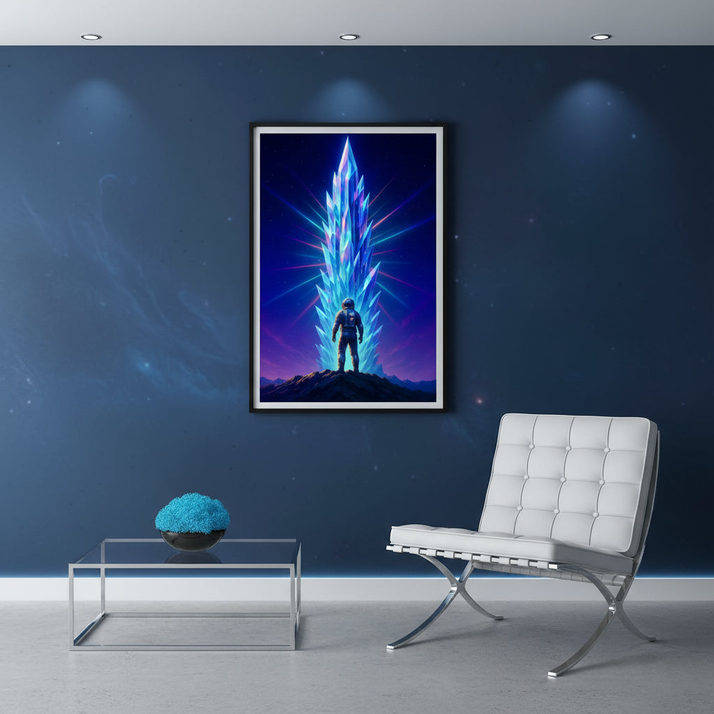 Futuristic landscape with a glowing crystal structure and a figure standing on a hill. Abstract space landscape poster.