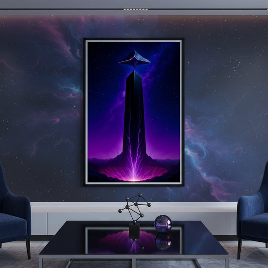 Futuristic tower with a glowing purple base against a dark background. Abstract space landscape poster.