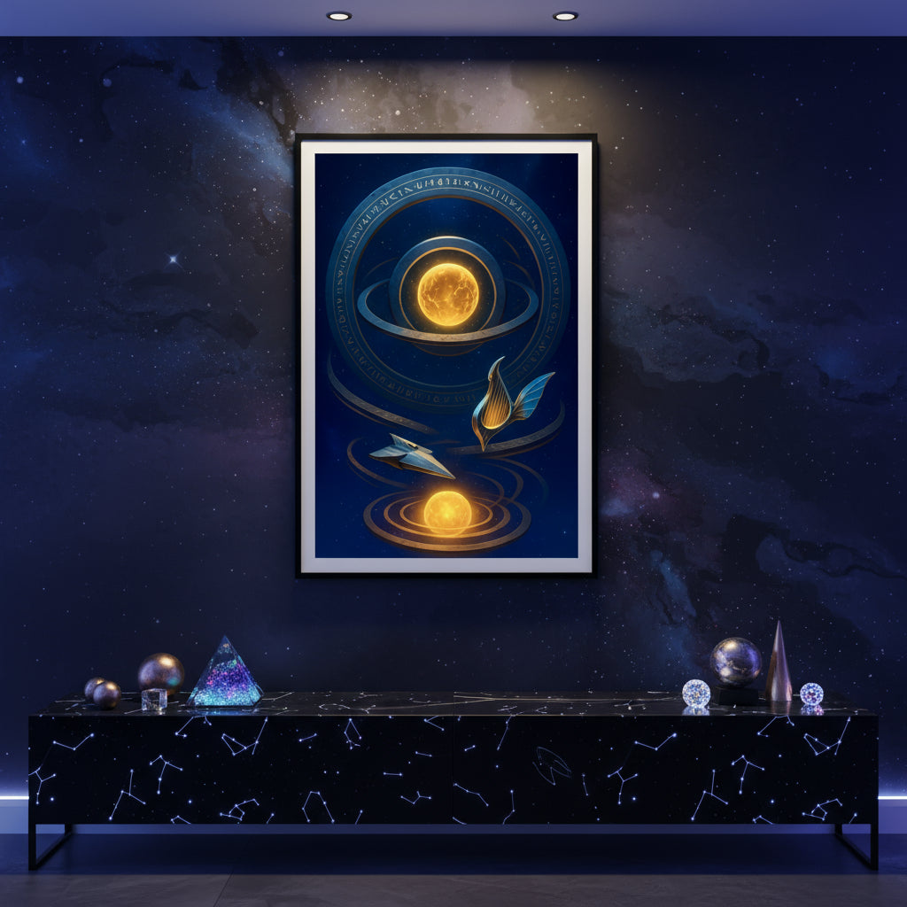 Decorative poster with a central celestial design on a dark blue background. Abstract space landscape poster.