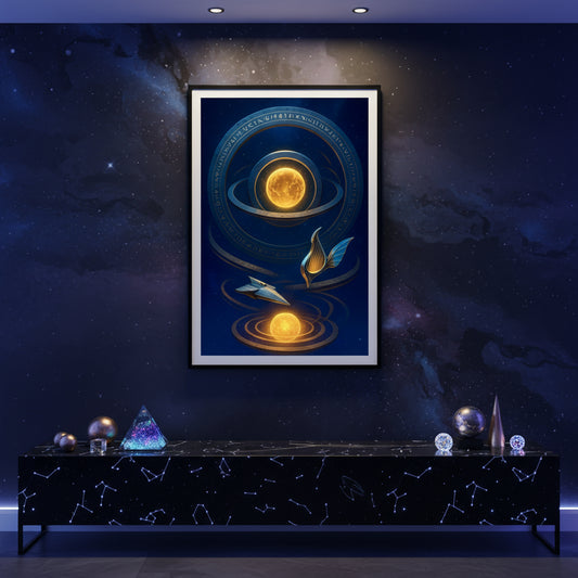 Decorative poster with a central celestial design on a dark blue background. Abstract space landscape poster.