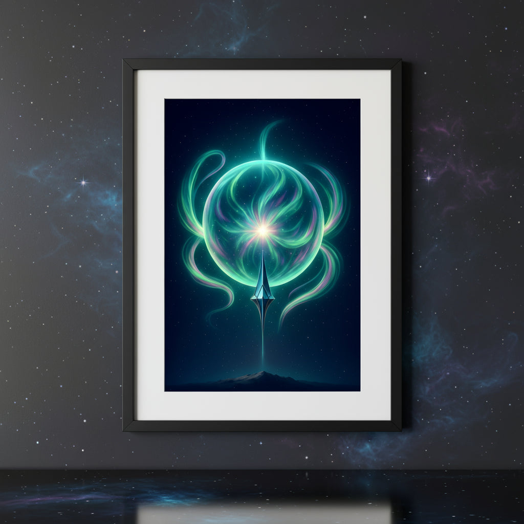 Futuristic design with a glowing central sphere and swirling energy on a dark background. Abstract space landscape poster.