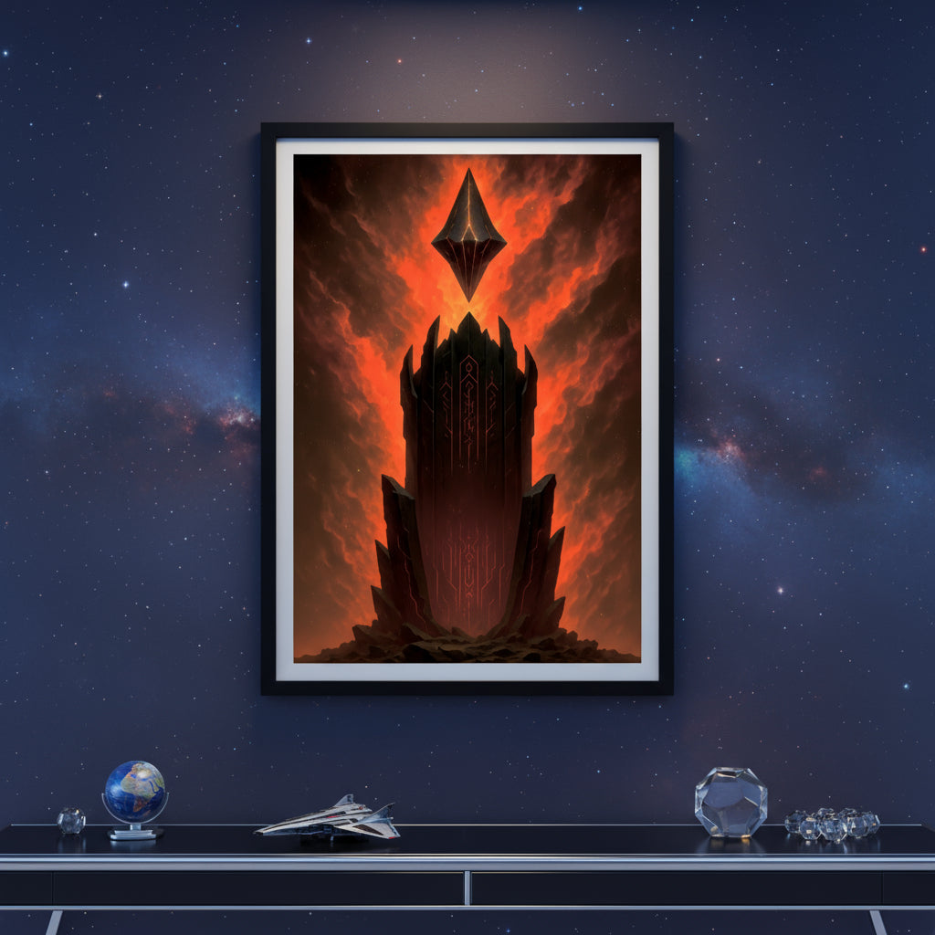 Futuristic alien spaceship descending towards a rocky planet with fiery background. Abstract space landscape poster.