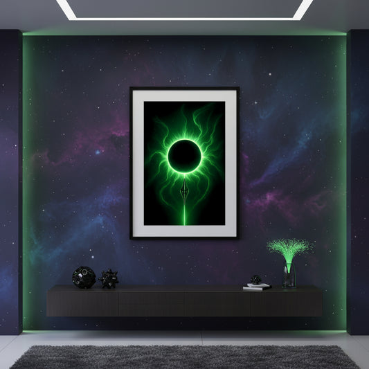 Futuristic green energy design with a black circle and symbol on a white background. Abstract space landscape poster.