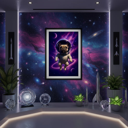 Frenchie dog in an astronaut suit with a space background.  Space dogs. Dog picture. Dog poster.