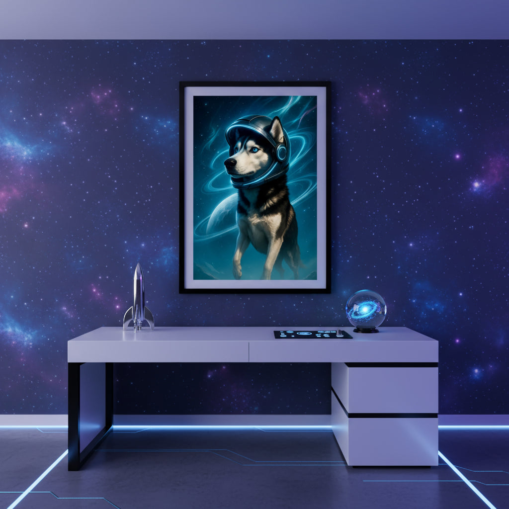 Surreal artwork of a husky dog wearing a space helmet with abstract blue and purple energy effects on a white background. Space dogs. Dog picture. Dog poster.