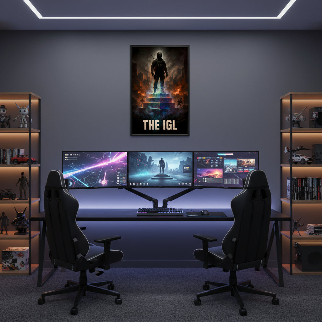 Silhouette of a person on a staircase with 'THE IGL' text against a dark background. Call of duty and FPS inspired poster. One gaming chair and two monitors. Subtle RGB lighting.
