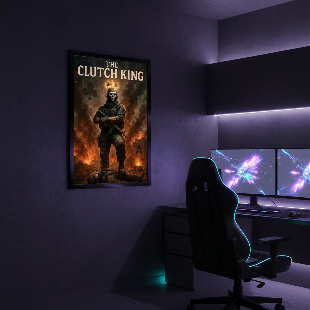 Book cover of 'The Clutch King' with a soldier and skull design on a dark background. Call of duty and FPS inspired poster.