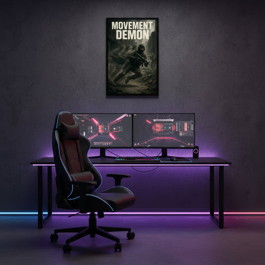 Book cover of 'Movement Demon' with a dark theme and text. Call of duty and FPS inspired poster.