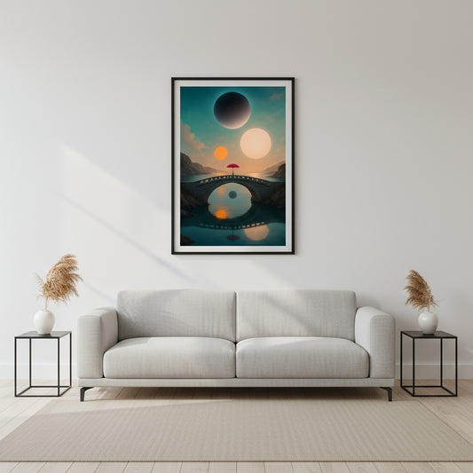 Futuristic landscape with a bridge over water, colorful planets, and an umbrella.