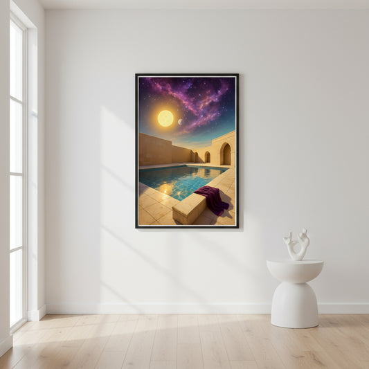 Abstract scene with nebular a sun and pool. Sci fi fantasy  