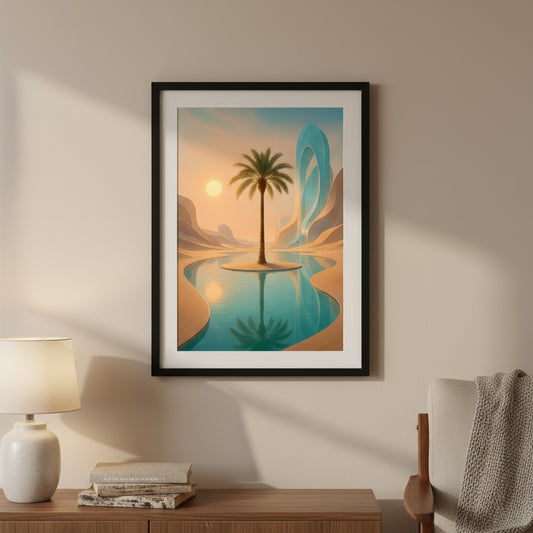 Surreal landscape with palm tree and futuristic arch on a white background