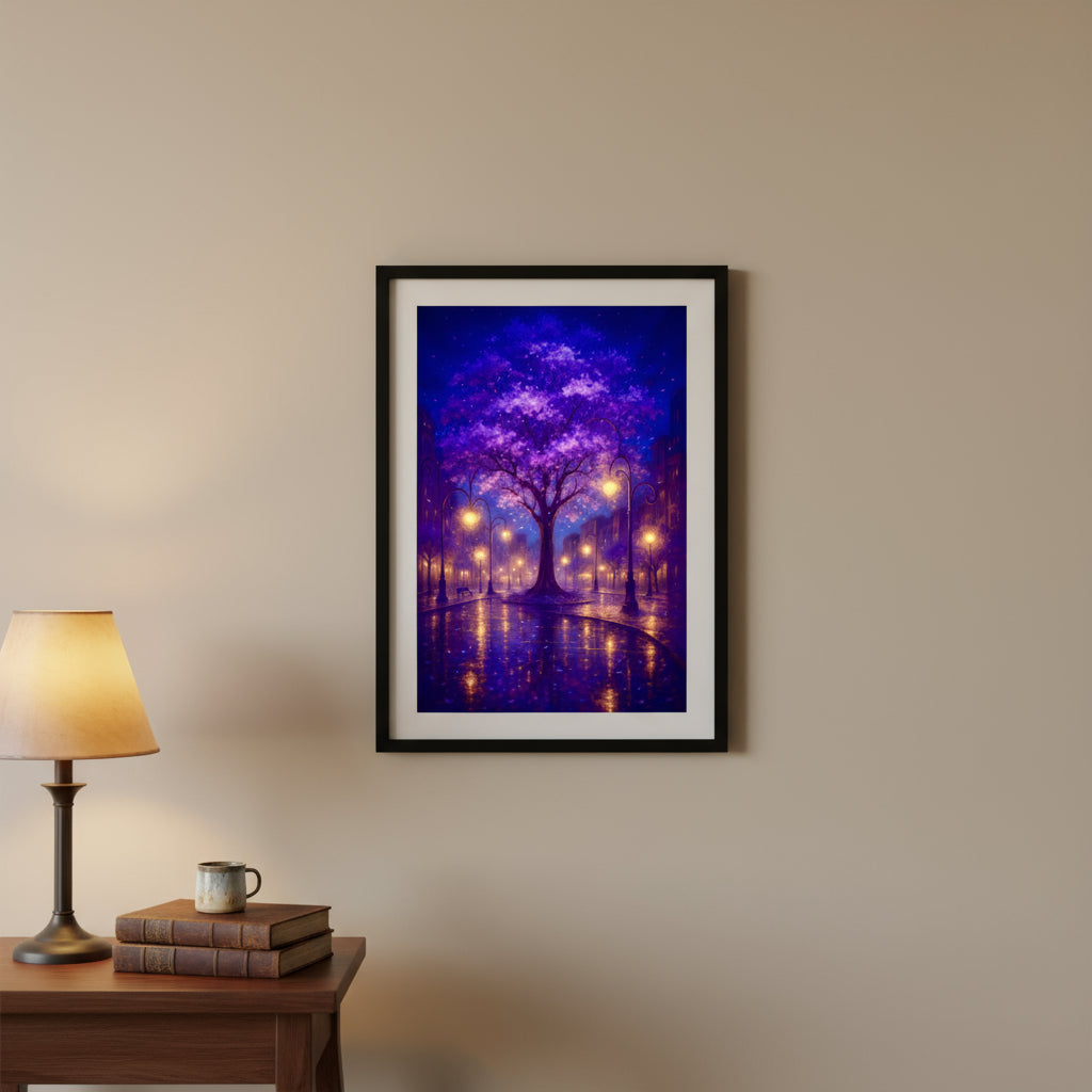 Futuristic cityscape with tall buildings a famous tree and purple sky.