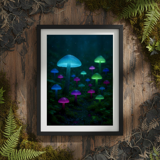 Glowing mushrooms on a dark background