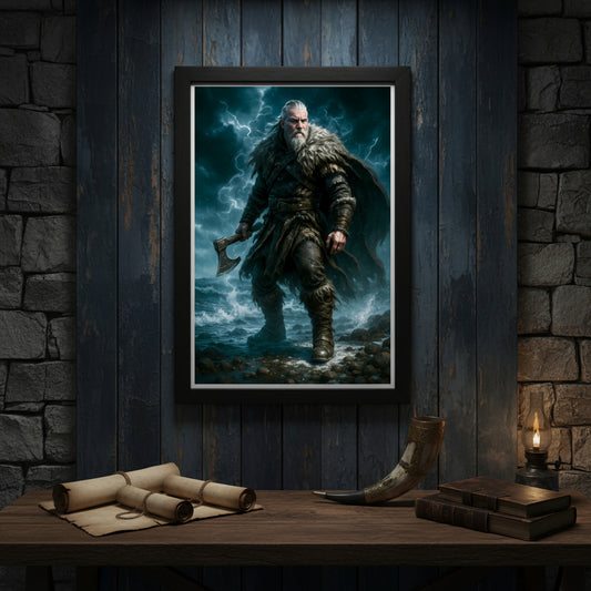Artwork of a warrior with an axe against a stormy background
