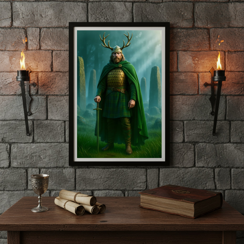 Fantasy character with antlers and a green cloak standing in a mystical forest.