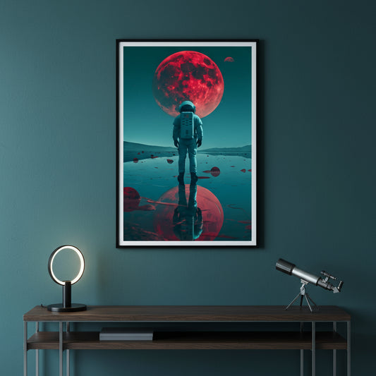 Astronaut standing on a reflective surface with a large red moon in the sky