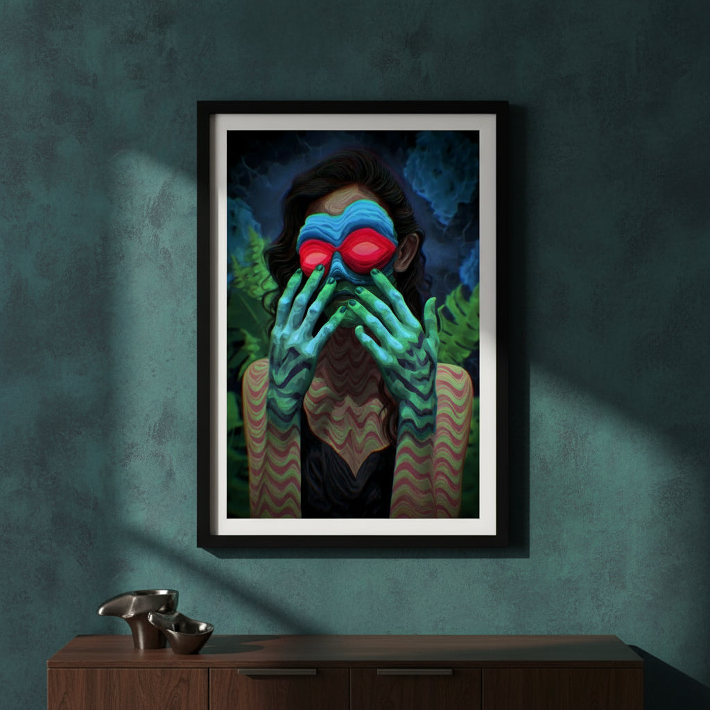 Framed artwork of a person with colorful hands covering their face on a dark green wall.