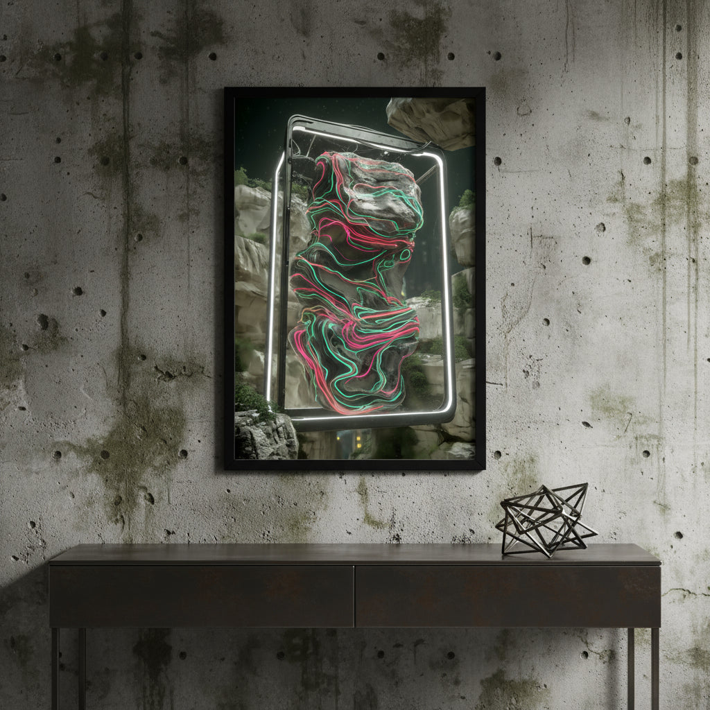 Framed abstract artwork with a dinosaur silhouette on a textured wall above a console table.