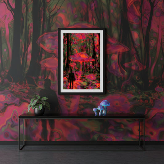 Colorful abstract art of mushrooms and flowers on a white background