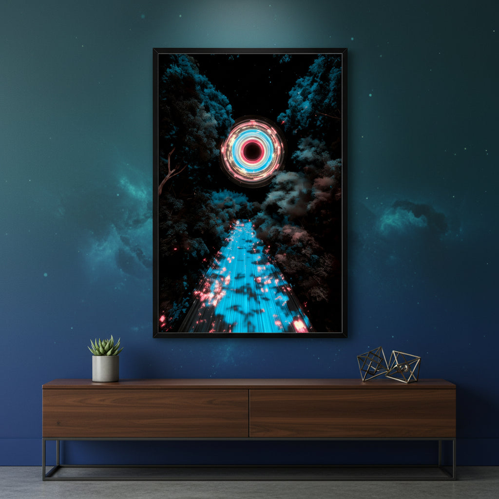 Neon light design in a forest with a circular neon light in the center.