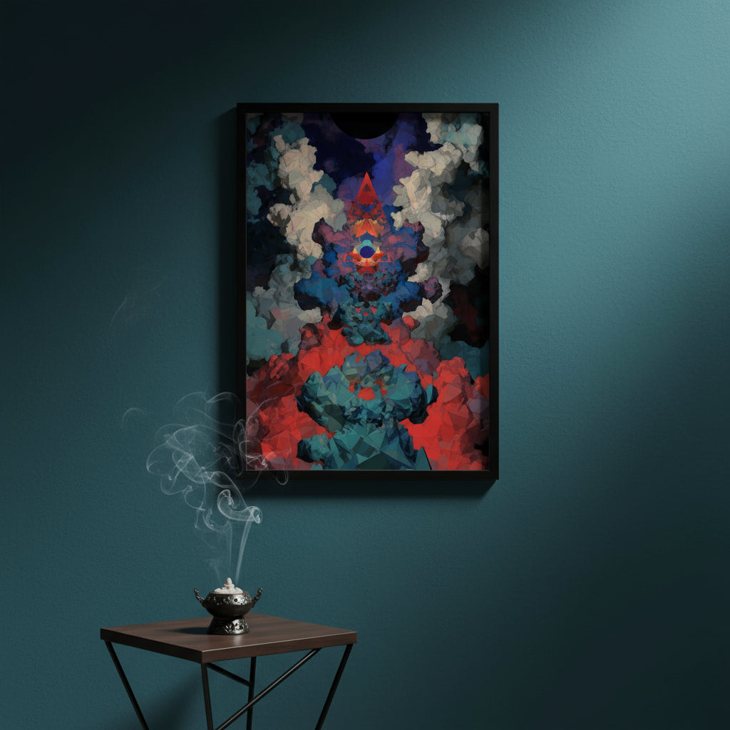 Abstract art print with vibrant colors on a white background