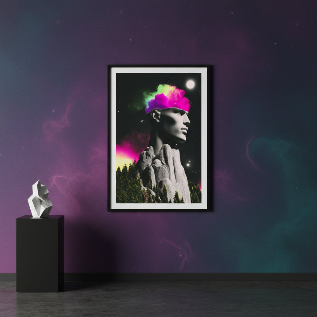 Stylized portrait with colorful cloud effect and mountain landscape