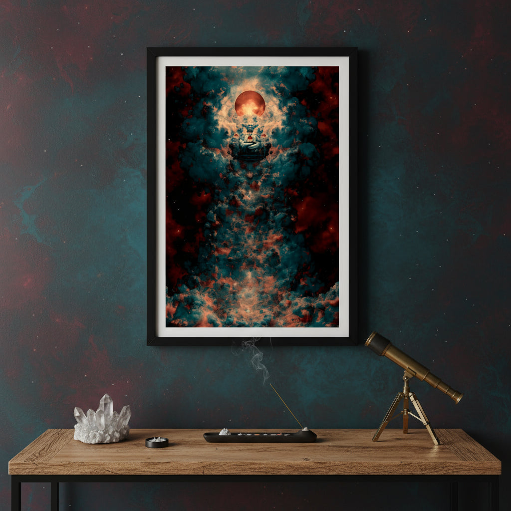 A meditative cosmic figure sits cross-legged in the centre of swirling teal and crimson clouds, cradling a glowing orb. Above its head, a radiant red planet or sun illuminates the scene, creating the impression of a divine being emerging from the fabric of the universe.