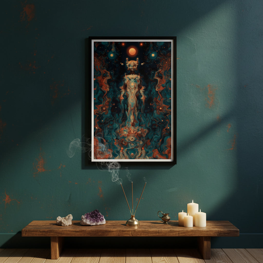 A glowing humanoid figure stands suspended in space, its form made of swirling teal and orange cosmic energy. Spheres of light orbit above its head, with a radiant sun-like orb crowning it, evoking the image of an ascended alien or celestial being emerging from a galactic storm.