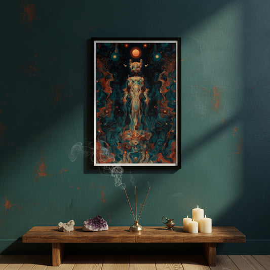 A glowing humanoid figure stands suspended in space, its form made of swirling teal and orange cosmic energy. Spheres of light orbit above its head, with a radiant sun-like orb crowning it, evoking the image of an ascended alien or celestial being emerging from a galactic storm.