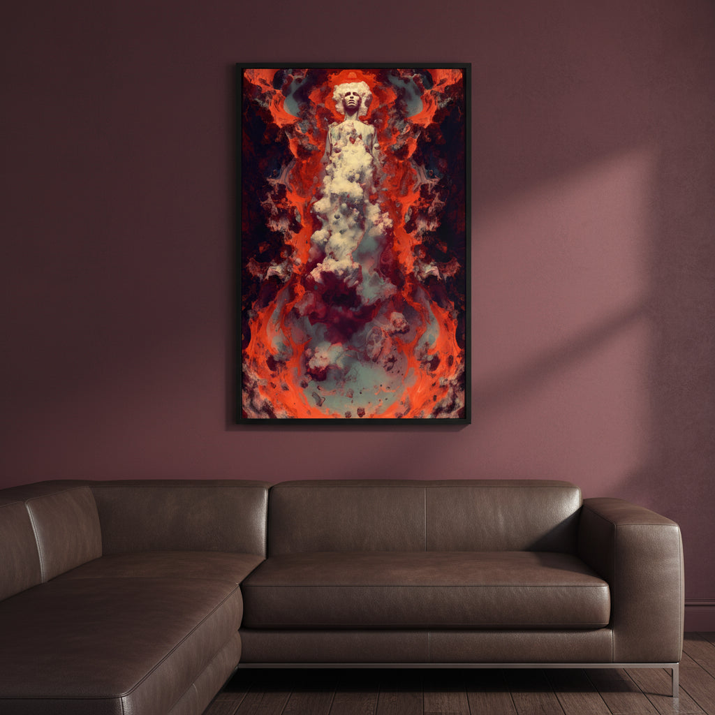 A surreal humanoid figure rises through a column of clouds and smoke, surrounded by swirling red, orange, and black cosmic textures. The figure’s face is calm and illuminated, evoking transcendence and ascension amid a fiery, dreamlike storm.