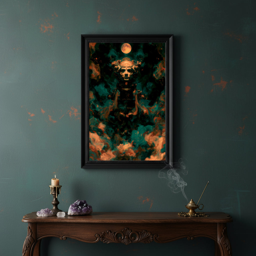 Surreal celestial figure emerging from swirling teal and orange cosmic clouds beneath a glowing full moon. The face is calm yet powerful, carved from light and shadow, giving the impression of an ancient cosmic deity watching over the universe.