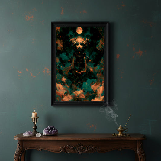 Surreal celestial figure emerging from swirling teal and orange cosmic clouds beneath a glowing full moon. The face is calm yet powerful, carved from light and shadow, giving the impression of an ancient cosmic deity watching over the universe.