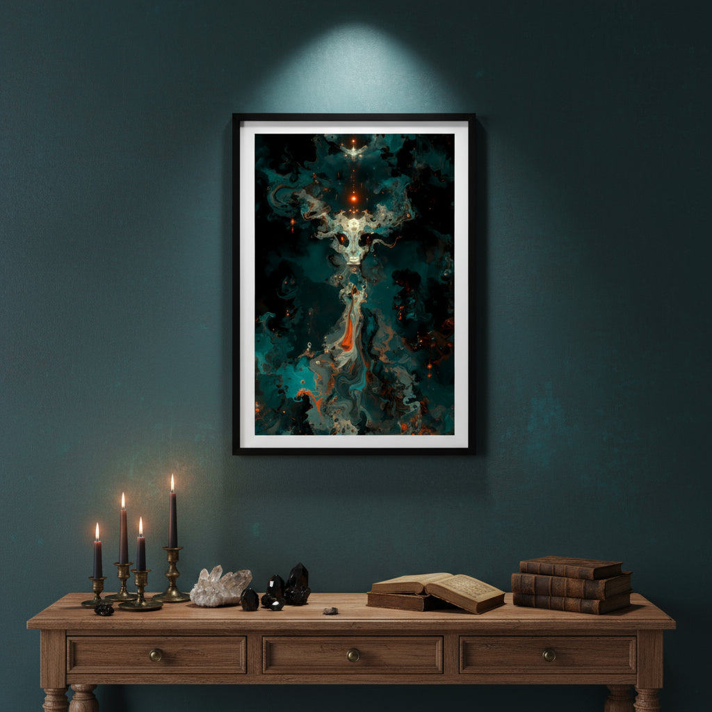 Abstract cosmic artwork depicting a horned, otherworldly figure made of swirling teal, orange, and black nebula clouds. A line of glowing red orbs rises above its head, leading to a radiant point of light, evoking a sense of ascension, energy, and interstellar divinity.