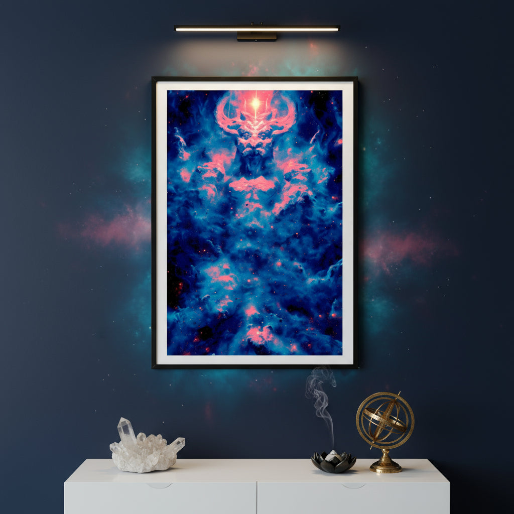 Surreal cosmic figure formed from swirling pink and blue nebula clouds. A powerful, horned being emerges from the void with a radiant beam of light shining from its forehead into the stars above, blending divine energy and celestial mystery.