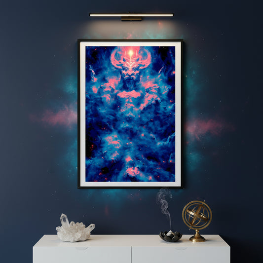 Surreal cosmic figure formed from swirling pink and blue nebula clouds. A powerful, horned being emerges from the void with a radiant beam of light shining from its forehead into the stars above, blending divine energy and celestial mystery.