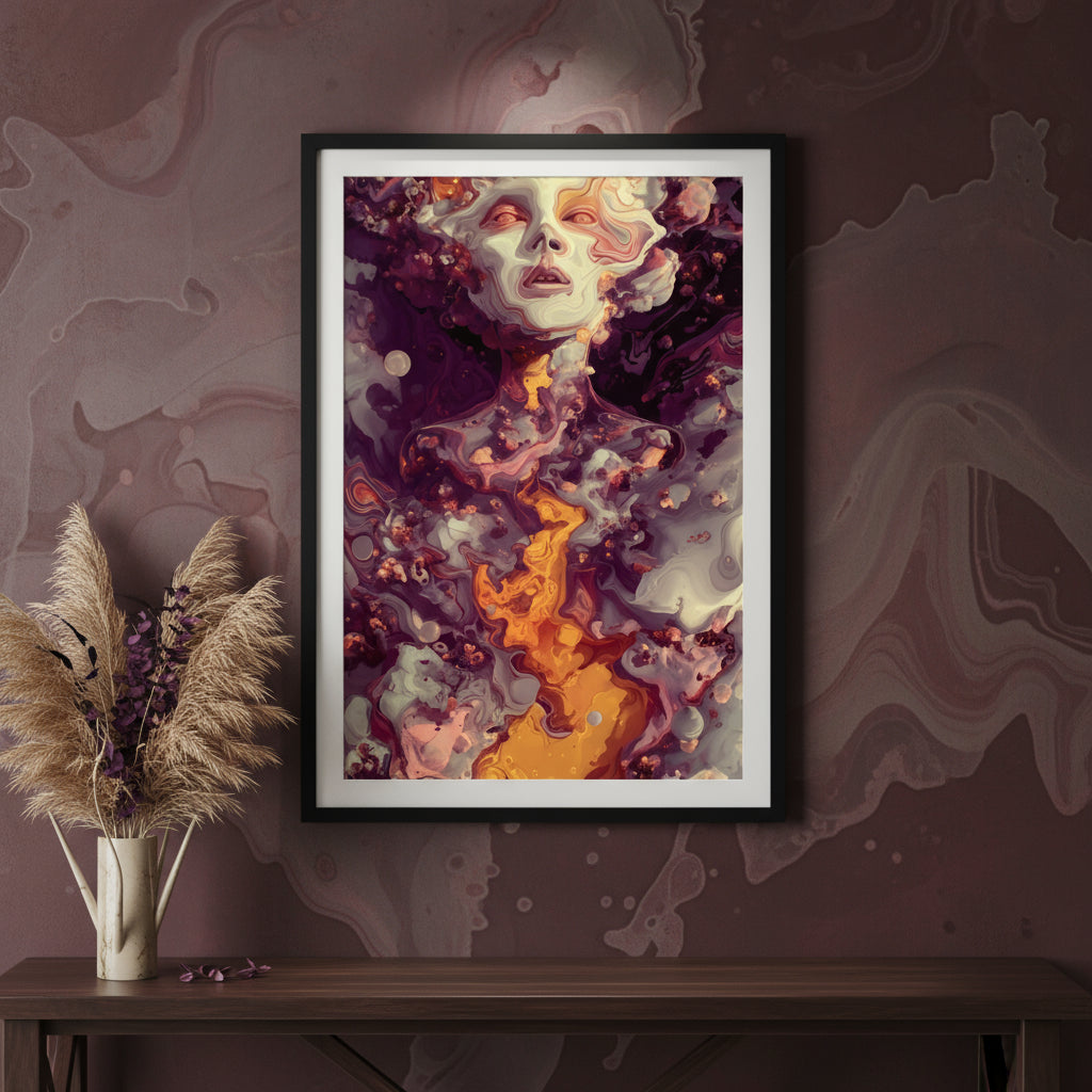 Surreal portrait of a glowing humanoid figure with molten golden light flowing through its body. The face appears sculpted from soft swirling textures in shades of purple, pink, and cream, surrounded by cosmic clouds and abstract energy patterns. The artwork radiates warmth, transformation, and otherworldly beauty.