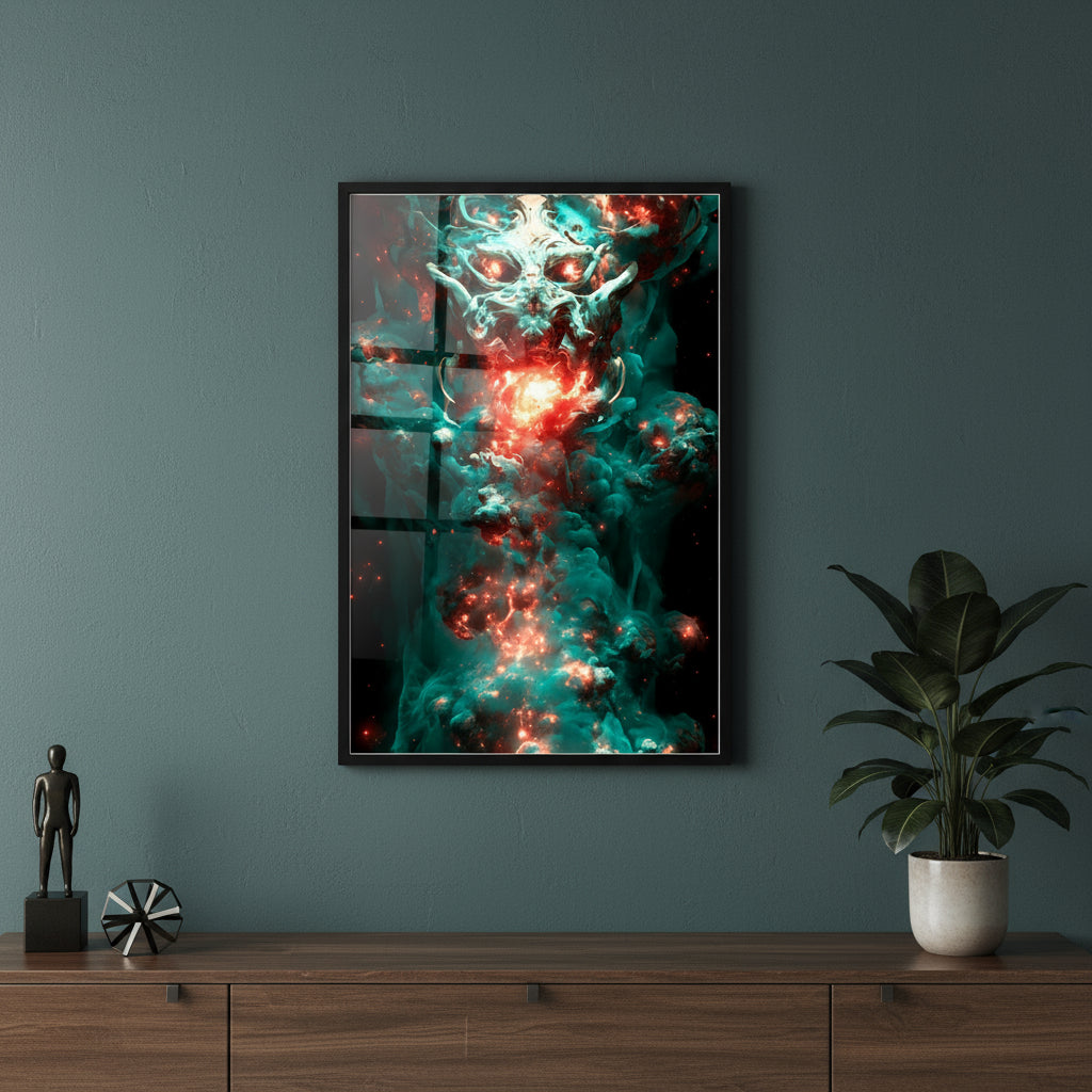 Surreal cosmic artwork depicting a fiery celestial creature formed from swirling teal and red clouds. Its glowing eyes and molten core radiate intense light, as if breathing energy into the surrounding nebula. A vivid fusion of power, chaos, and beauty in deep space.