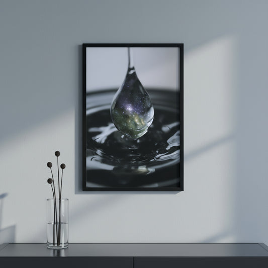 Art print of a water droplet with a reflective surface and galaxy-like pattern.