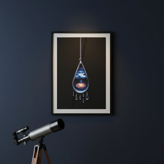 Artistic depiction of a droplet with celestial elements on a black background
